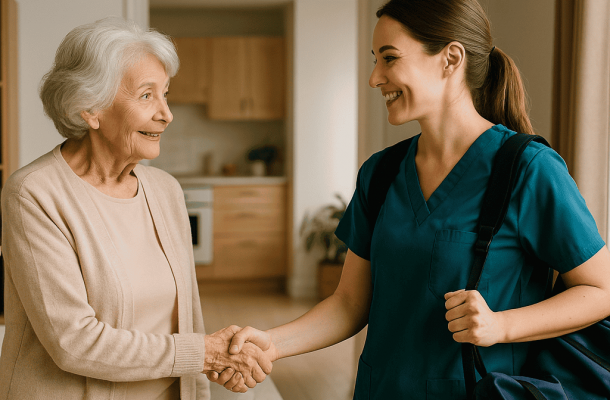Freundliche Pflegekraft begrüßt lächelnde Seniorin mit Handschlag in einem wohnlichen Wohnzimmer – Symbolbild für den gelungenen Start häuslicher Betreuung