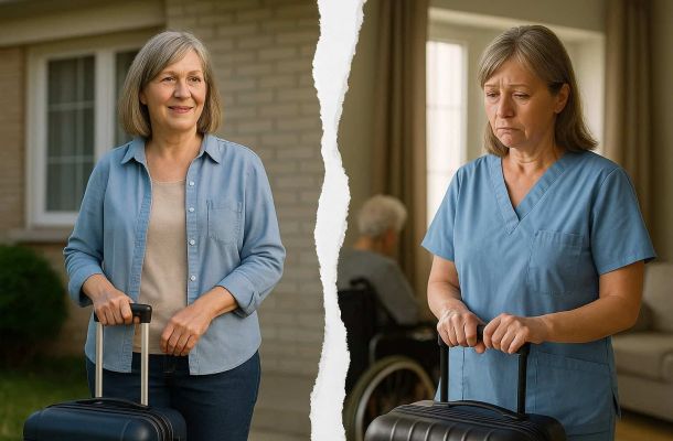 Zweiteiliges Bild: Links eine lächelnde Frau mit Koffer vor einem Haus – Symbol für gelungene häusliche Betreuung. Rechts dieselbe Frau in Pflegekleidung, erschöpft und traurig, ebenfalls mit Koffer – zeigt Überforderung und Abreise einer Betreuungskraft.