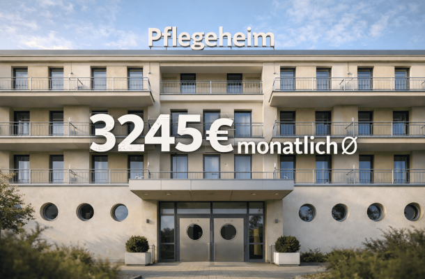Ein Pflegeheim mit einem Schriftzug darüber "3245€ monatlich durchschnittlich" als Eigenanteil Pflegeheim