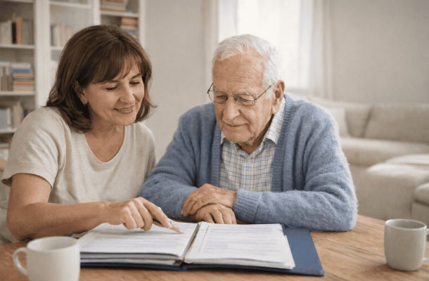 Die gesetzliche Betreuung erklärt einem Mann die Dokumente auf dem Tisch.